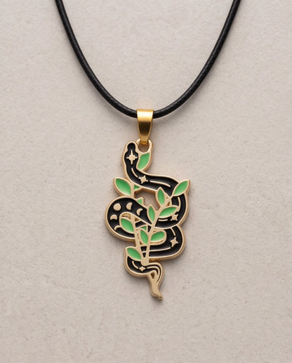 Gold Botanical Snake Enamel Pendant Necklace