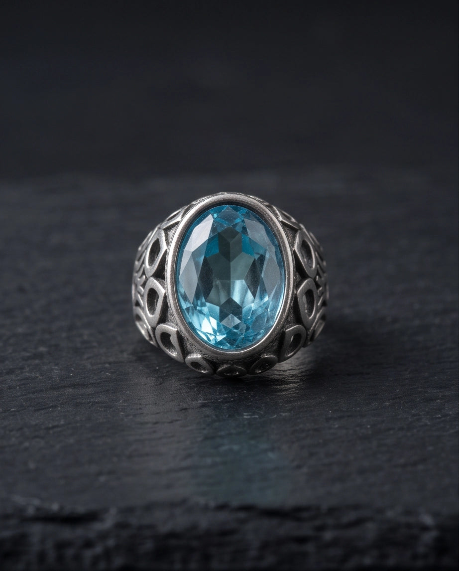 Aquamarine Oval-Cut Gemstone Openwork Scroll Silver Ring