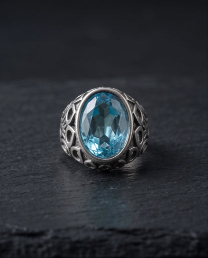 Aquamarine Oval-Cut Gemstone Openwork Scroll Silver Ring