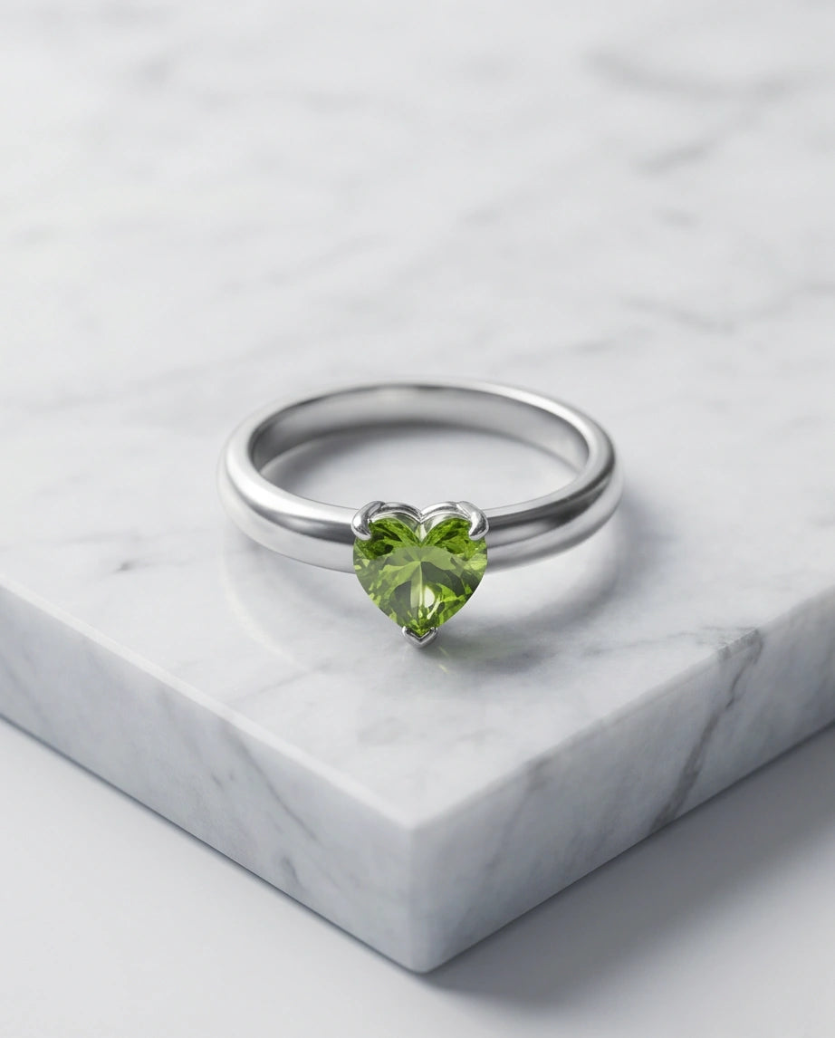 Sterling Silver Heart-Cut Peridot Green Solitaire Ring
