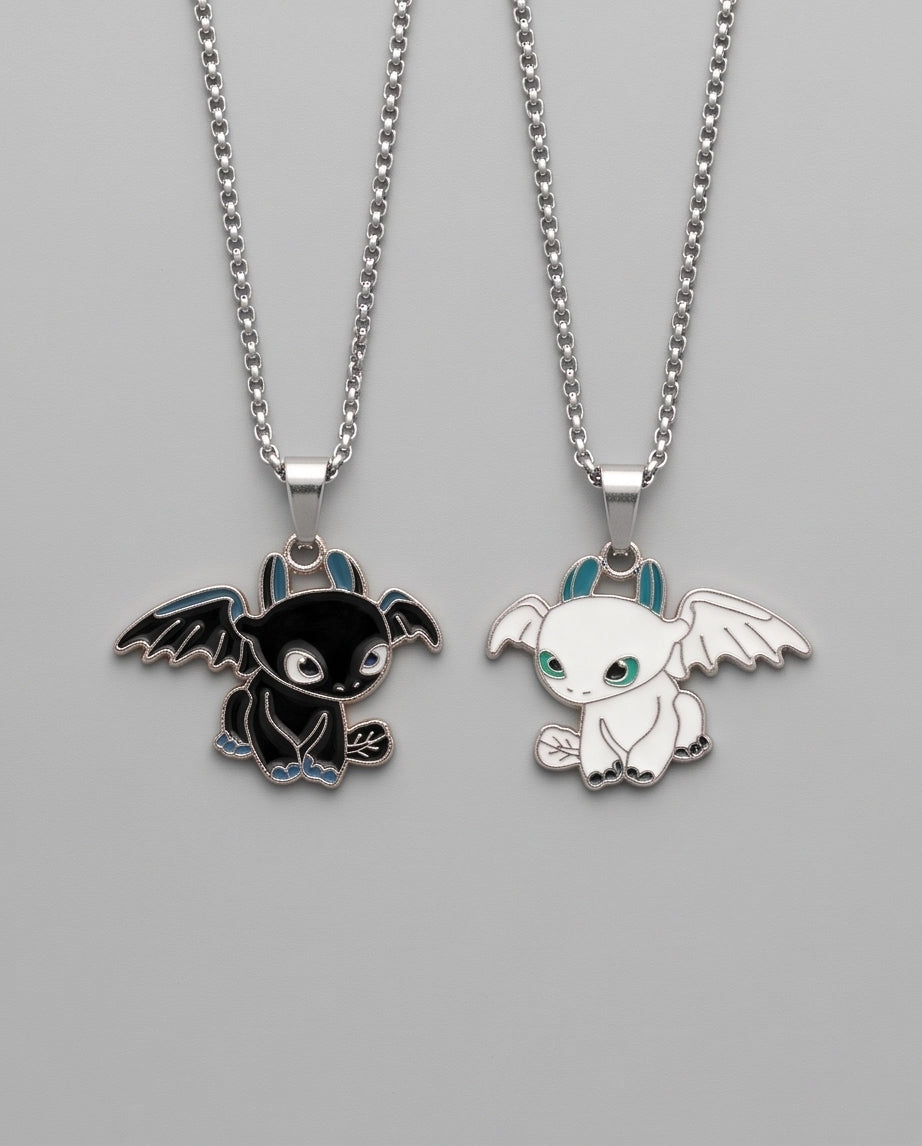 Gold Dragon Couple Enamel Pendant Necklace Set