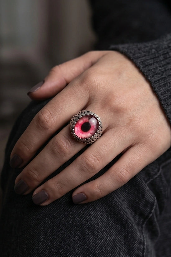 Vintage Sterling Silver Gothic Pink Eclipse Eye Ring