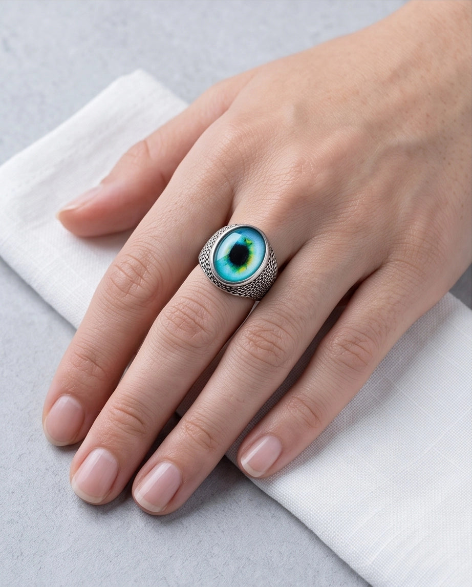Cyan Ocular Mesh Silver Ring