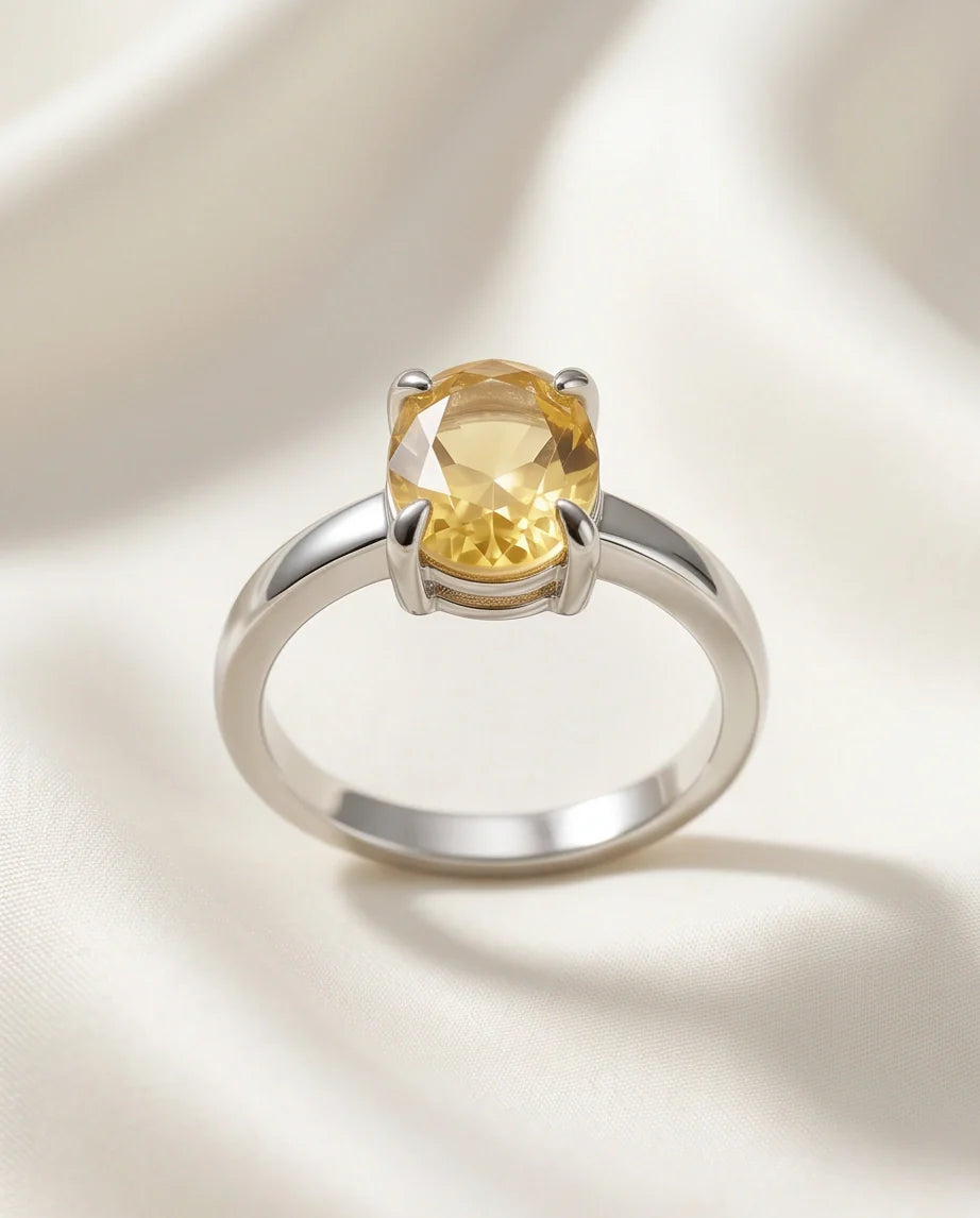 Sterling Silver Oval Yellow Citrine Solitaire Ring