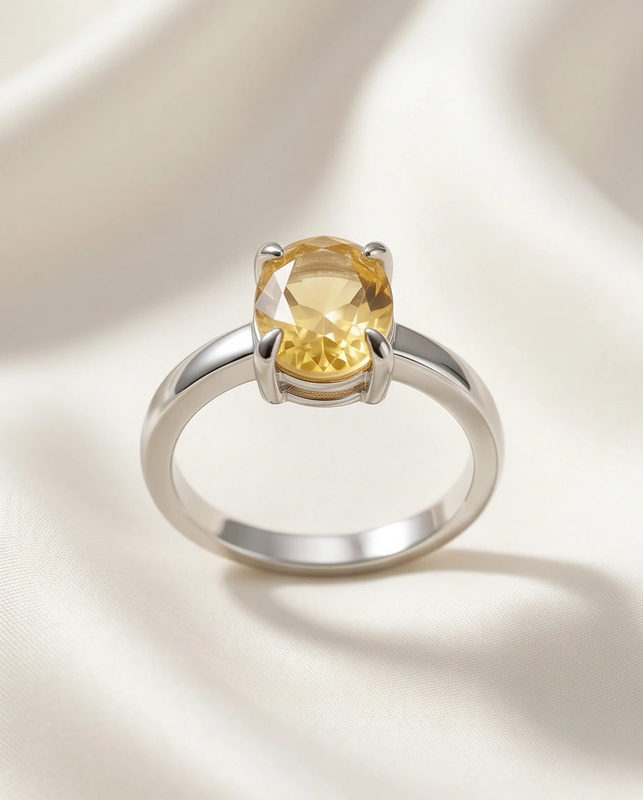 Sterling Silver Oval Yellow Citrine Solitaire Ring