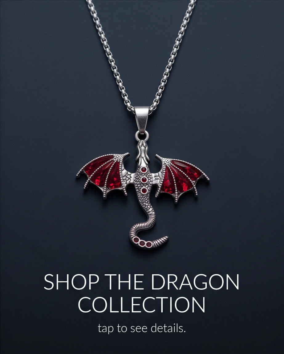 Silver Red Enamel Dragon Wyvern Pendant Necklace