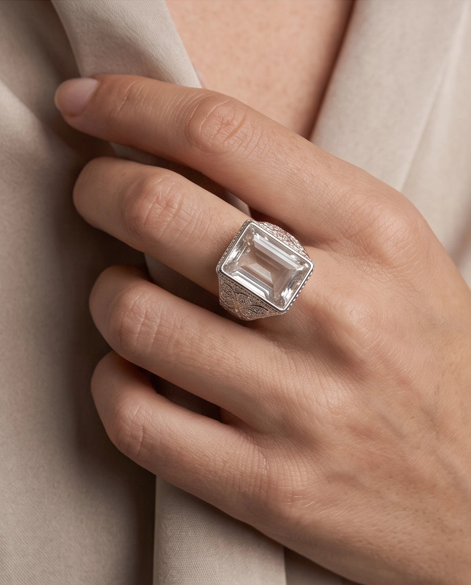 Clear Quartz Emerald-Cut Gemstone Filigree Beaded Silver Ring