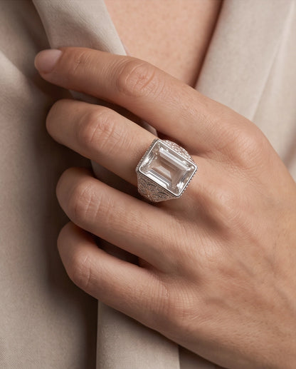 Clear Quartz Emerald-Cut Gemstone Filigree Beaded Silver Ring