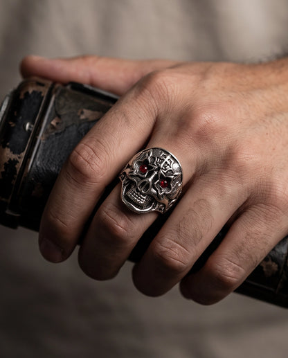 Ruby-Eyed Star-Eyed Gothic Cross Skull Silver Ring