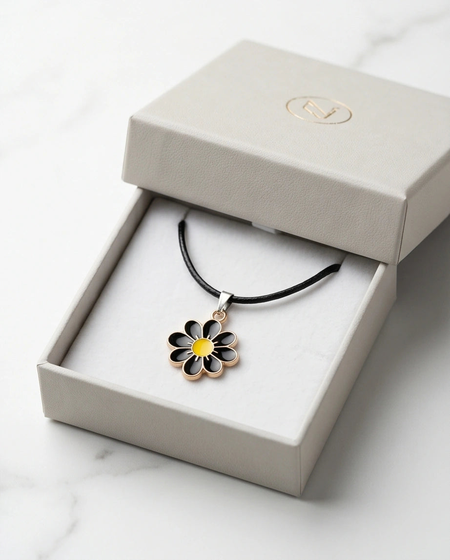 Gold and Black Daisy Pendant Necklace