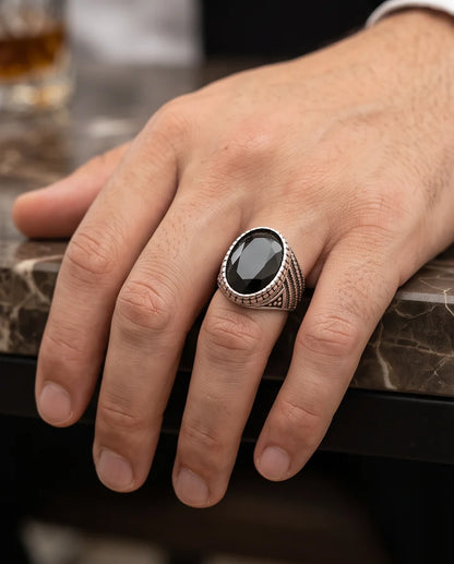Black Gemstone Double-Tier Bezel Ribbed Silver Ring