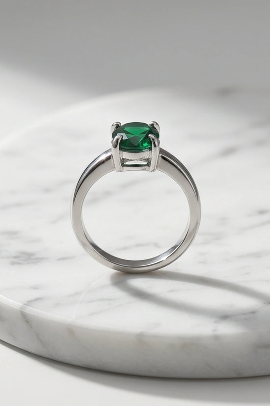 Sterling Silver Oval-Cut Green Emerald Solitaire Ring