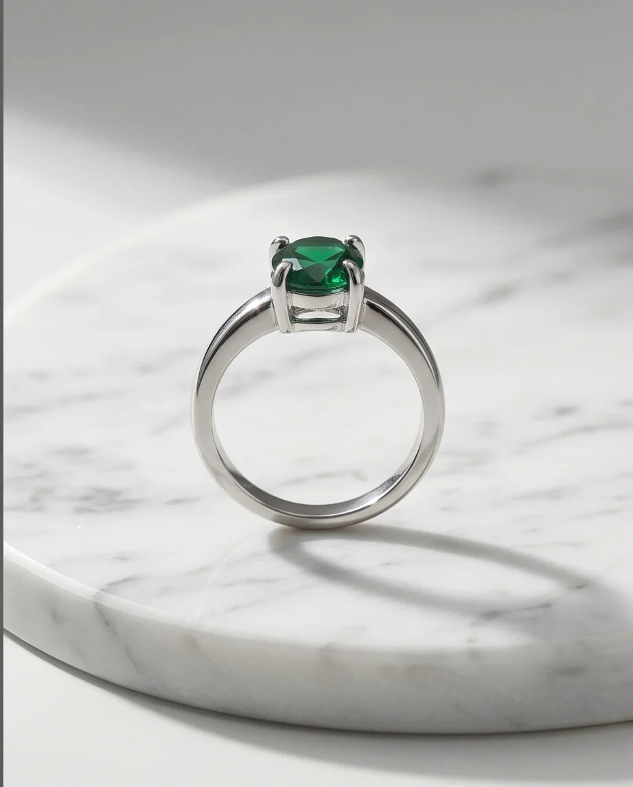 Sterling Silver Oval-Cut Green Emerald Solitaire Ring