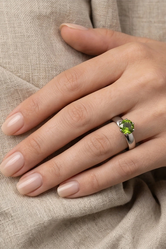 Sterling Silver Round-Cut Olive Green Solitaire Ring