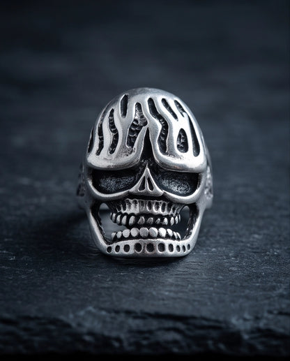 Fluted Flame-Crown Anatomical Skull Silver Ring
