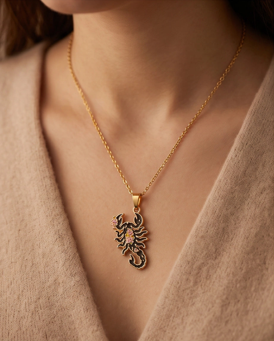 Gold Floral Scorpion Enamel Chain Necklace
