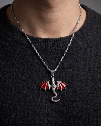 Silver Red Enamel Dragon Wyvern Pendant Necklace