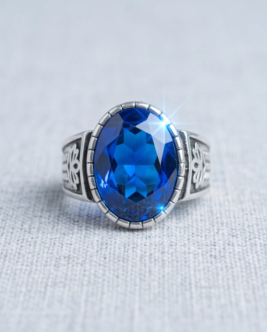 Sapphire Gemstone Notched Bezel Floral Scale Silver Ring