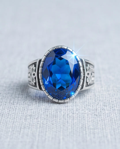 Sapphire Gemstone Notched Bezel Floral Scale Silver Ring