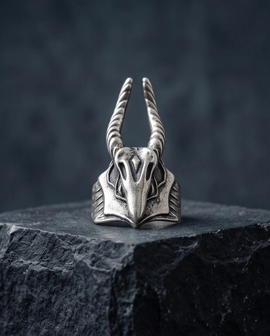 Oxidized Silver Horned Skull Sculpted Ring