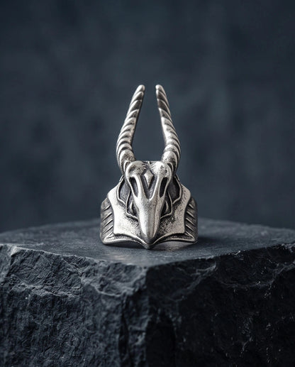 Oxidized Silver Horned Skull Sculpted Ring