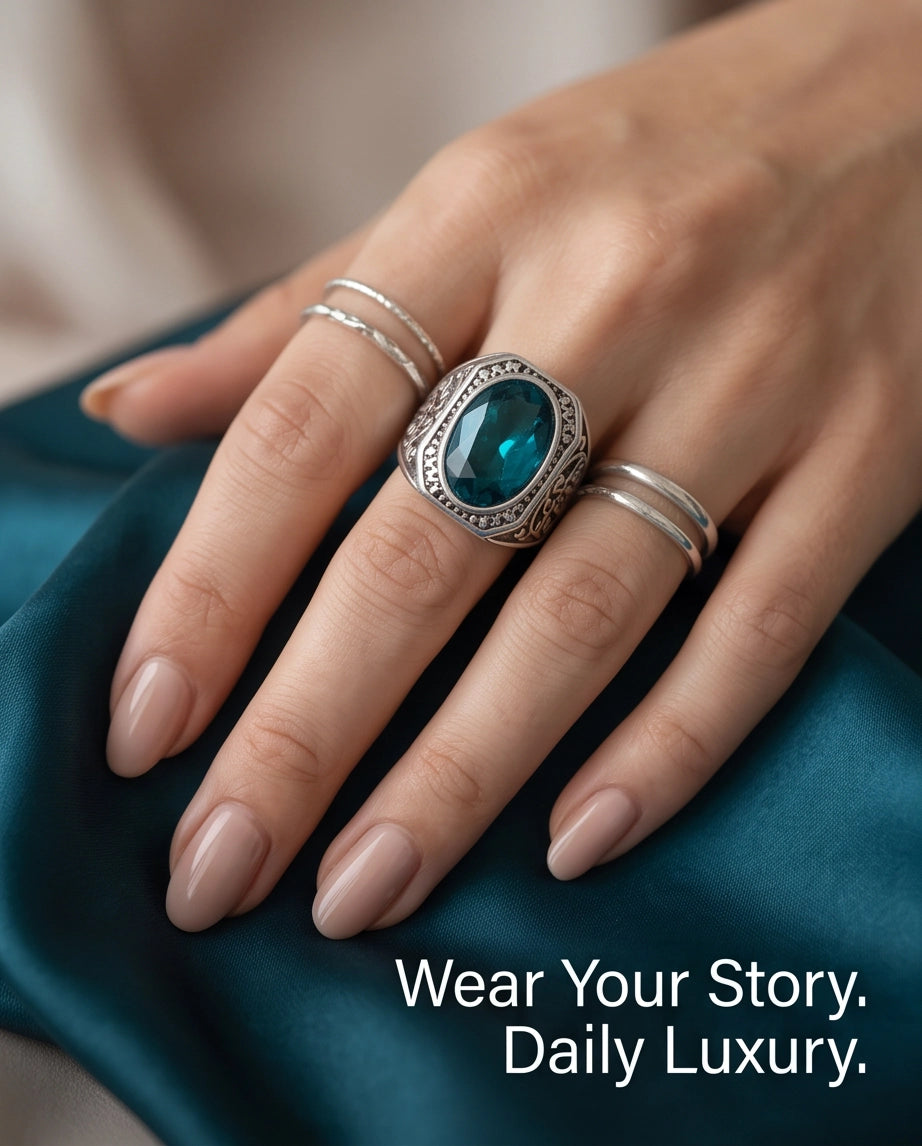 Teal Gemstone Octagonal Bezel Scrollwork Silver Ring