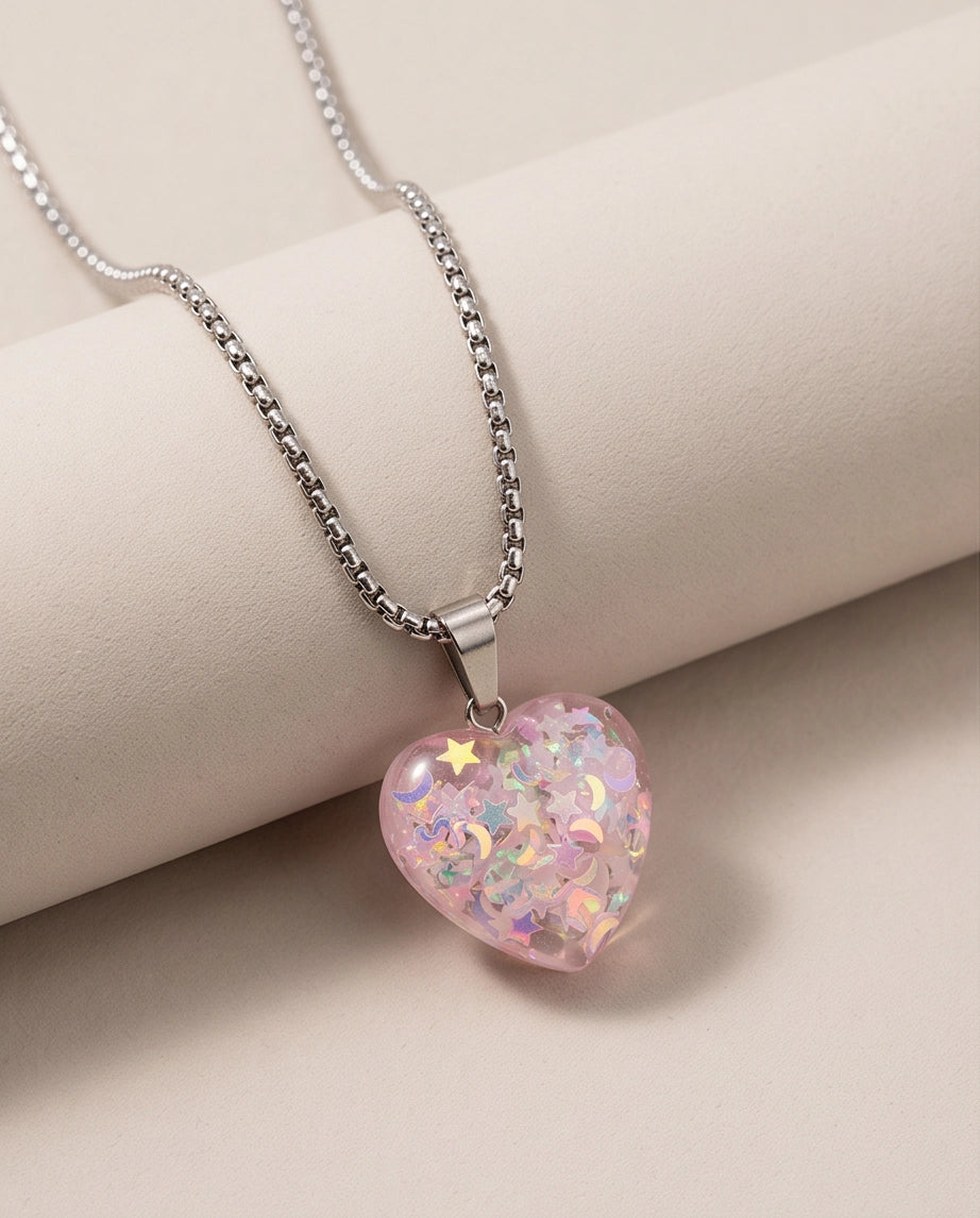 Silver Bubblegum Pink Glitter Heart Resin Pendant Necklace