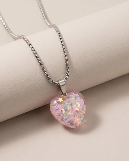 Silver Bubblegum Pink Glitter Heart Resin Pendant Necklace