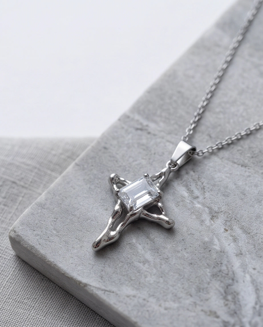 Silver Clear Gemstone Gothic Cross Pendant Necklace