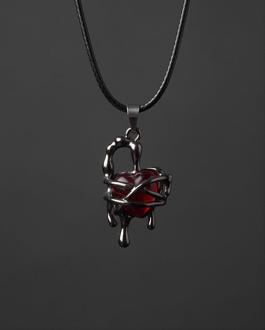 Black Thorny Dripping Heart Red Gem Pendant Necklace
