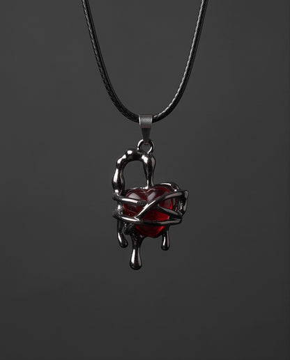 Black Thorny Dripping Heart Red Gem Pendant Necklace
