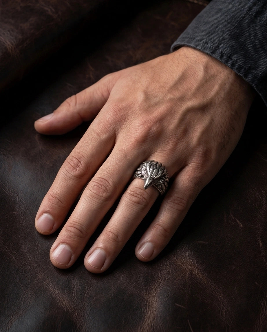 Vintage Silver Oxidized Eagle Head Biker Statement Ring