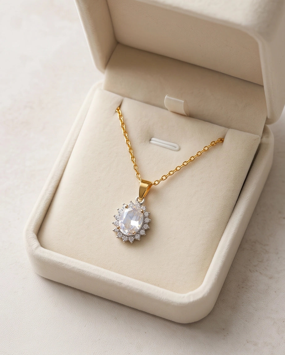 Silver Crystal Oval Halo Medallion Pendant Necklace