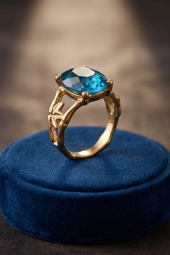 Gold Plated Aqua Blue Topaz Bamboo Leaf Ring