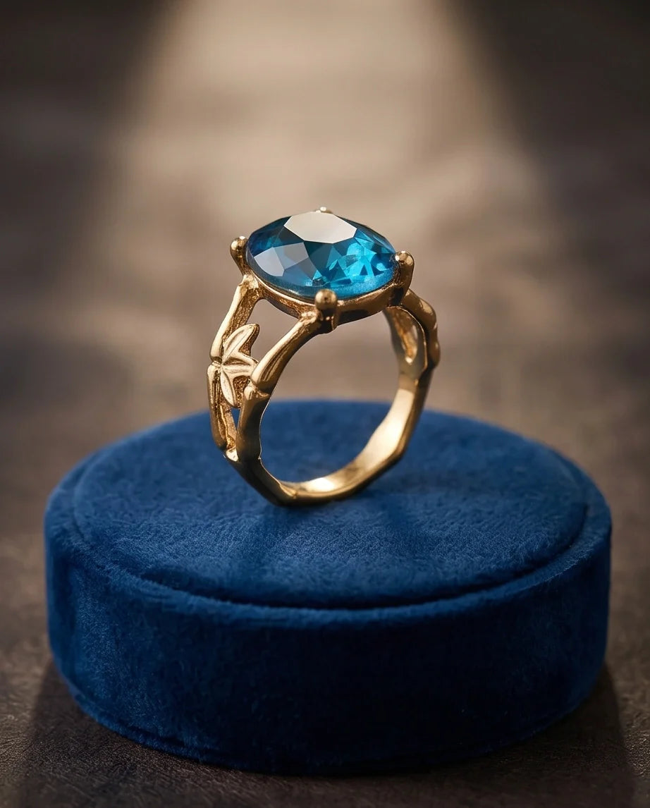 Gold Plated Aqua Blue Topaz Bamboo Leaf Ring