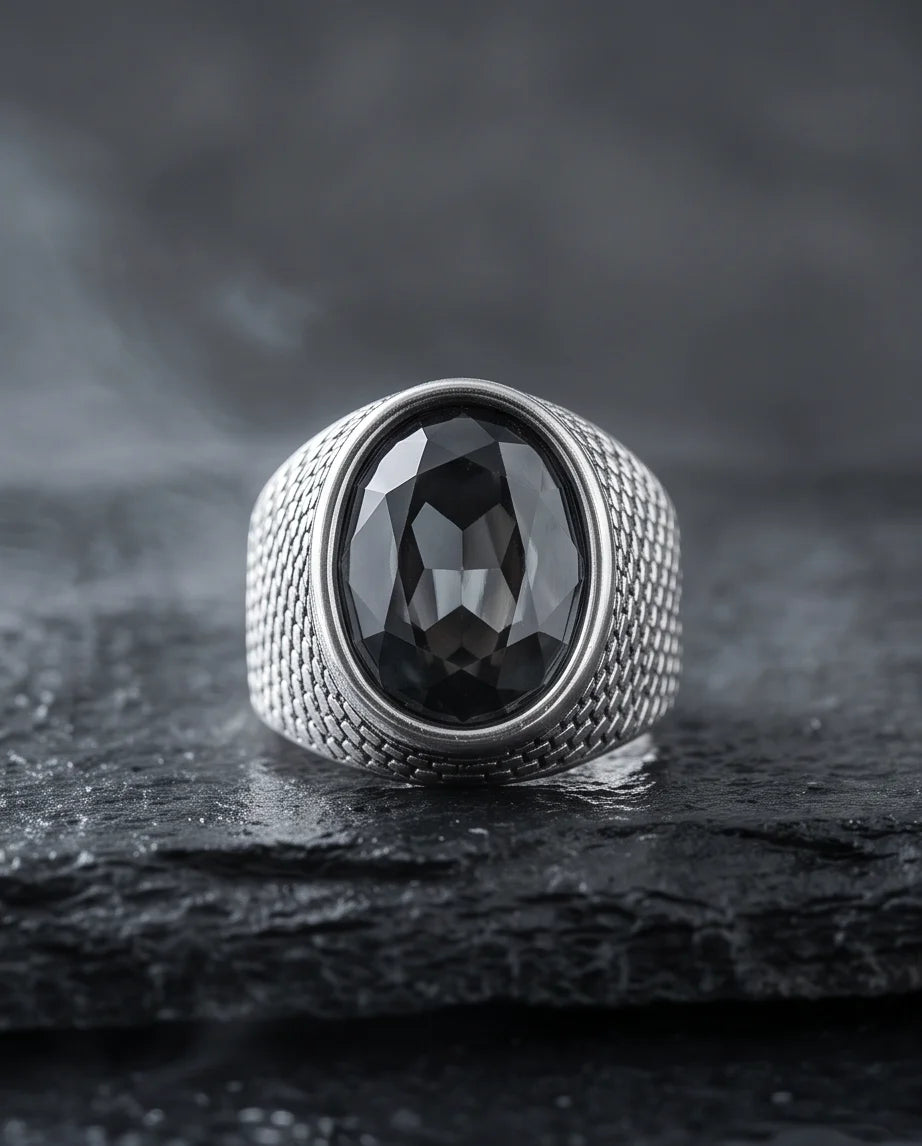 Onyx Gemstone Brickwork Mesh Silver Ring
