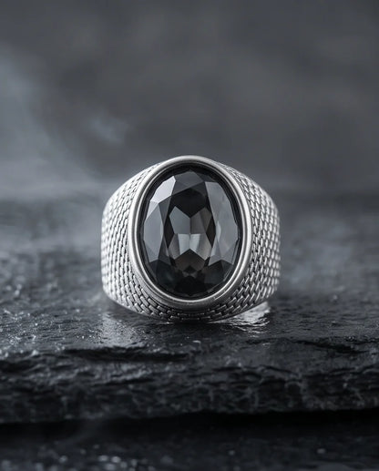 Onyx Gemstone Brickwork Mesh Silver Ring