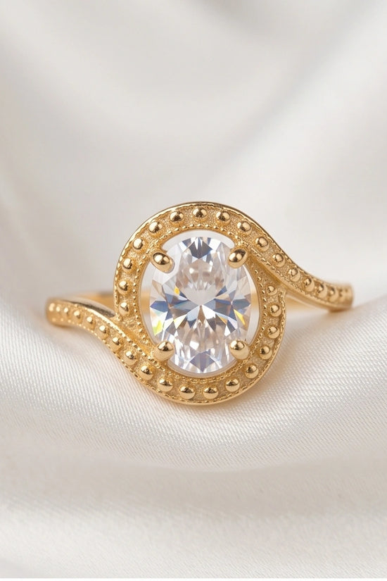Luxury 14K Gold Oval Moissanite Swirl Beaded Ring