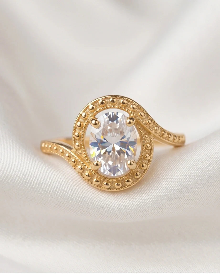Luxury Gold Oval Moissanite Swirl Beaded Ring