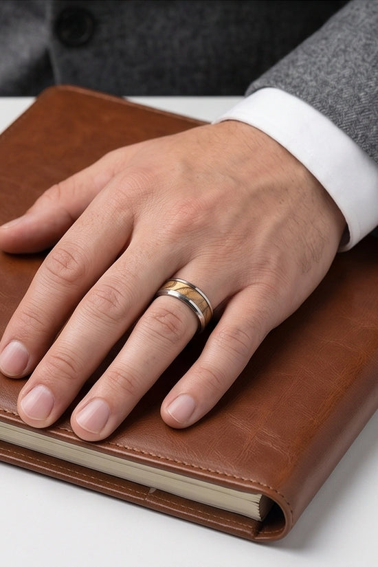Natural Olive Wood Inlay Silver Band Ring
