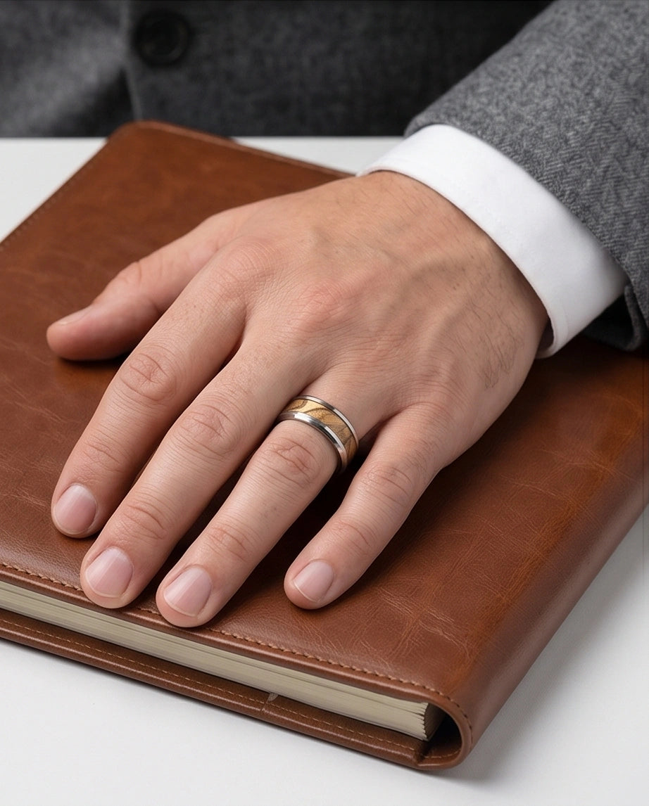 Natural Olive Wood Inlay Silver Band Ring