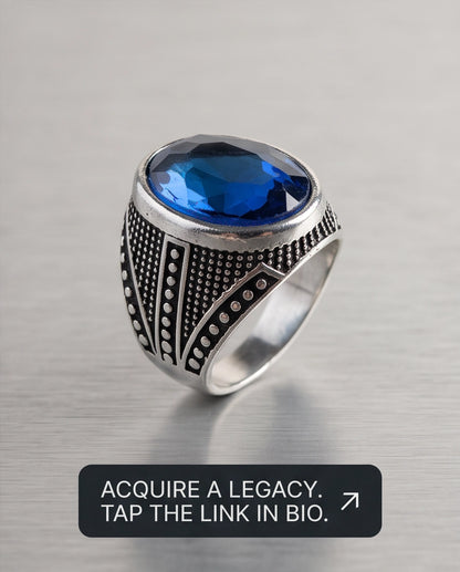 Sapphire Gemstone Beaded Smooth Bezel Chevron Stippled Silver Ring