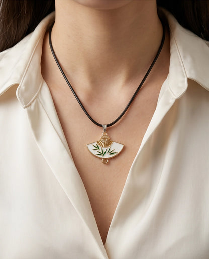 White Enamel Bamboo Fan Pendant Necklace