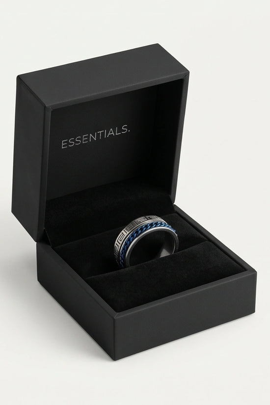Modern Greek Key Blue Chain Spinner Ring