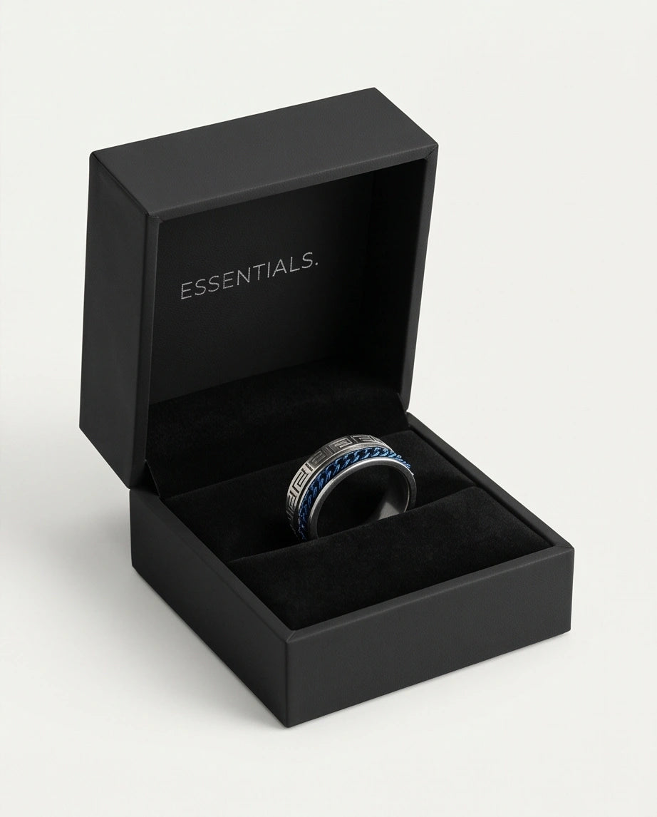 Modern Greek Key Blue Chain Spinner Ring