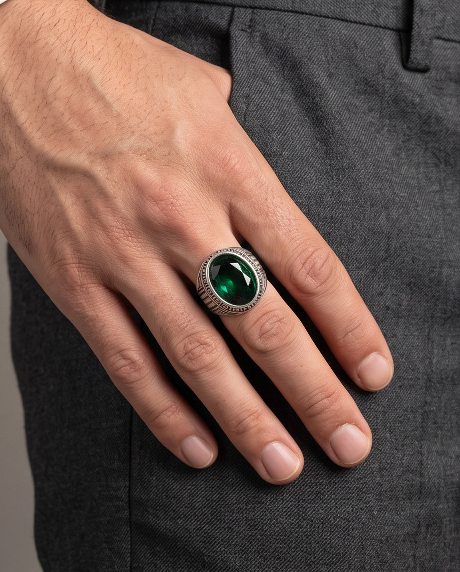 Emerald Gemstone Greek Key Bezel Studded Silver Ring