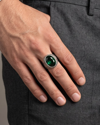 Emerald Gemstone Greek Key Bezel Studded Silver Ring