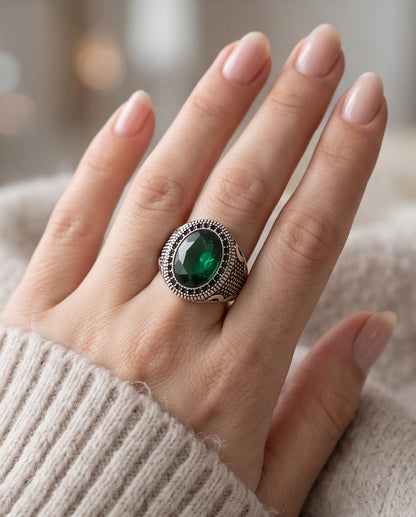Emerald Gemstone Double Beaded Frame Scroll Silver Ring