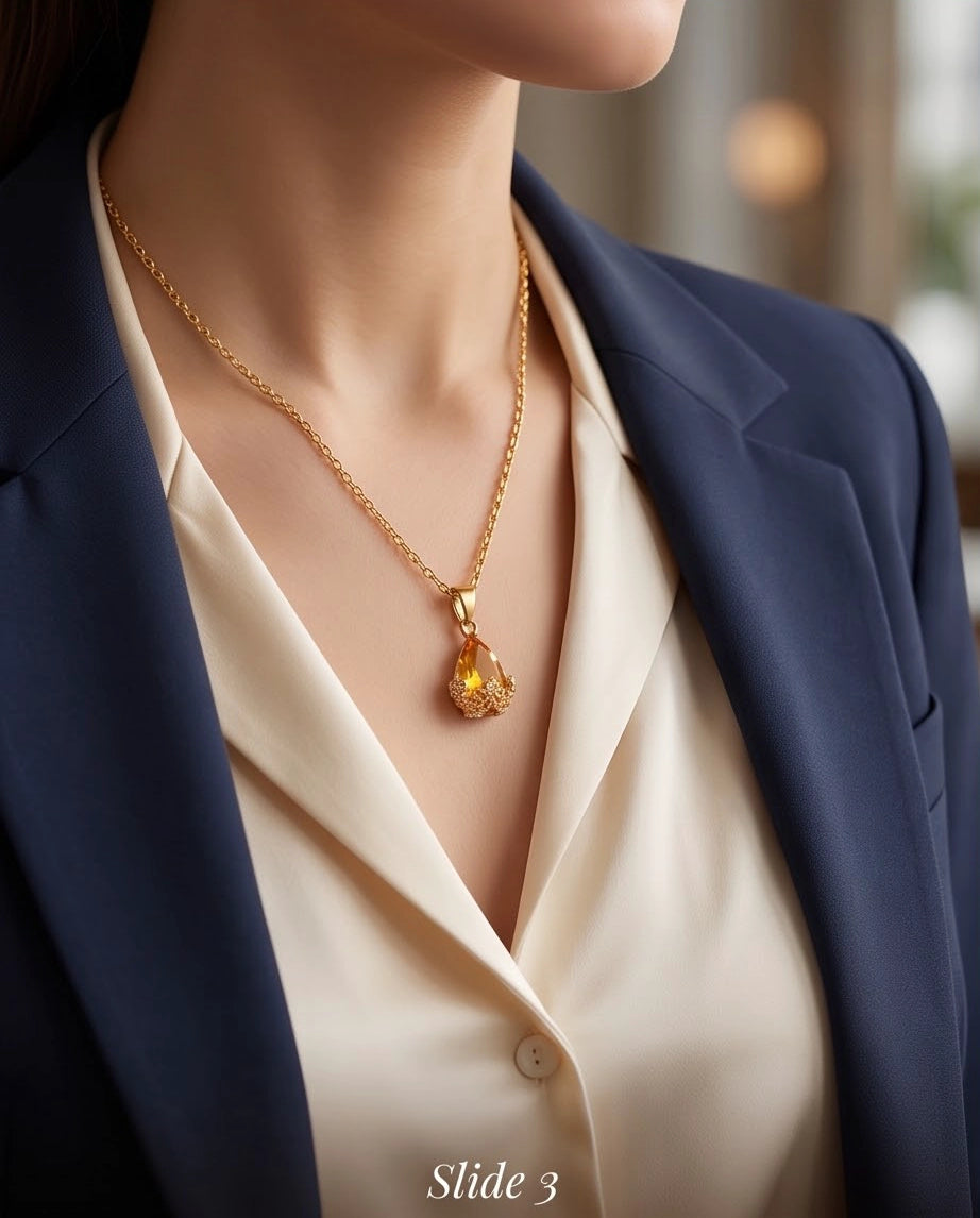 Gold Amber Teardrop Floral Basket Pendant Necklace