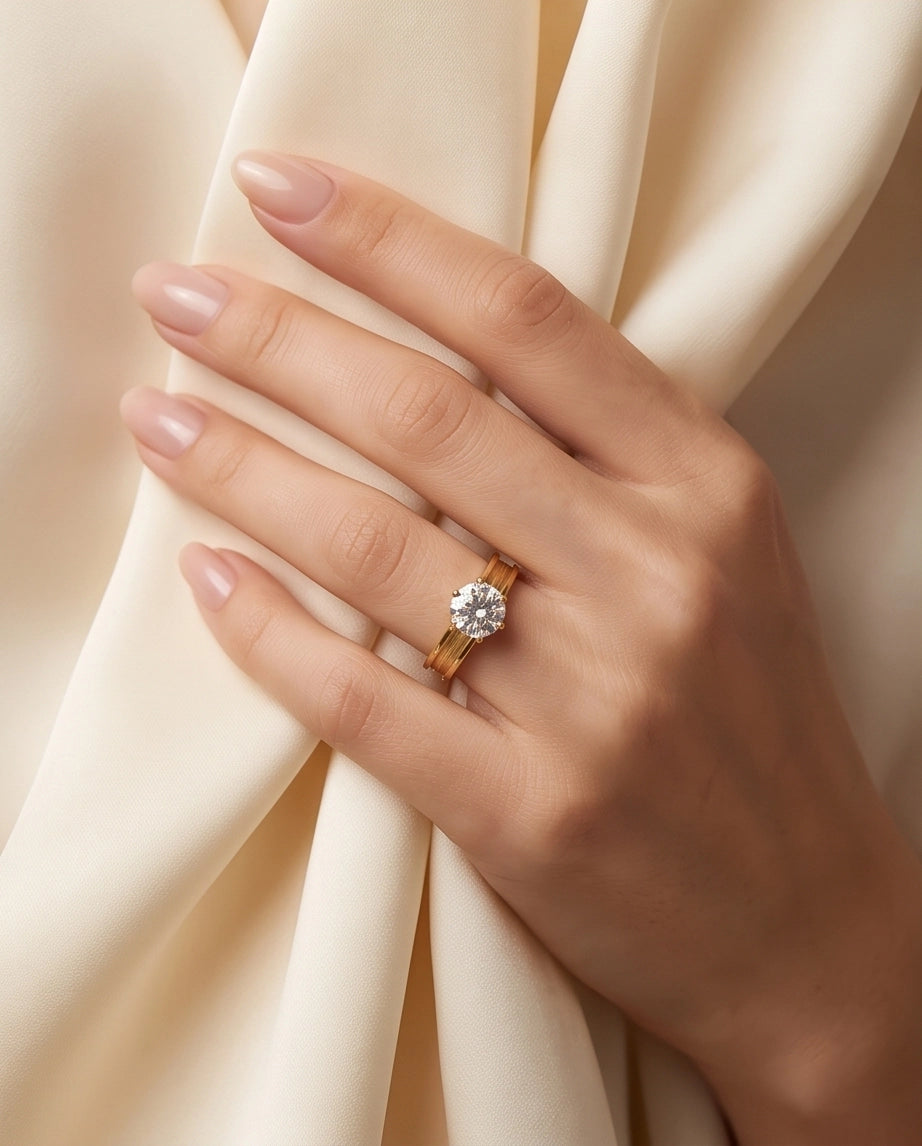 Gold Round Gemstone Grooved Solitaire Ring